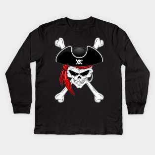 Pirate Skull with Crossed Bones and Red Bandana Kids Long Sleeve T-Shirt